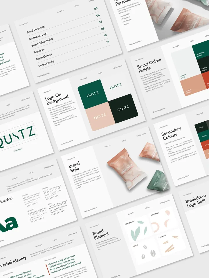 Quitz brand book and packaging