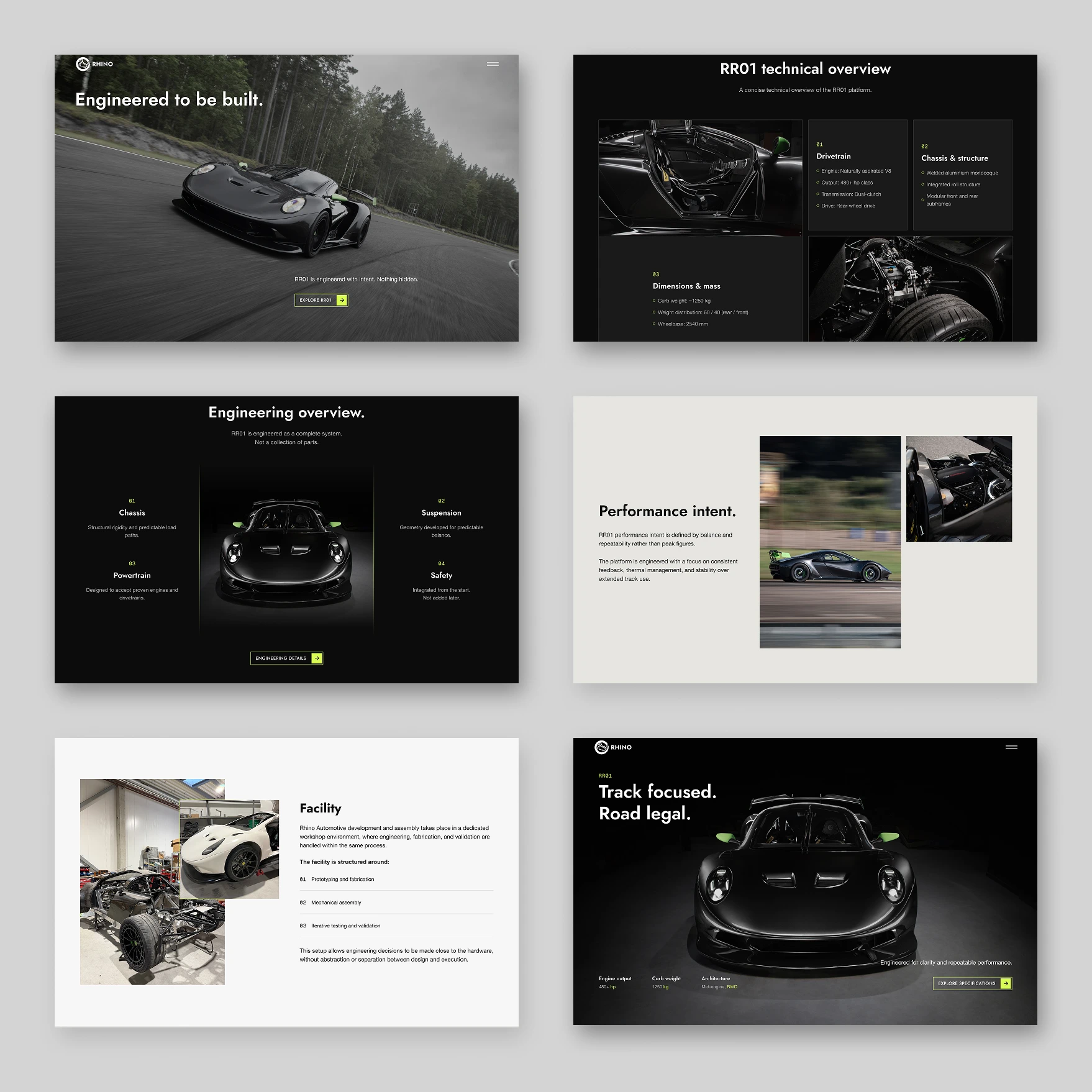 Rhino Automotive — the site’s screens, from the RR01 model page to the engineering overview