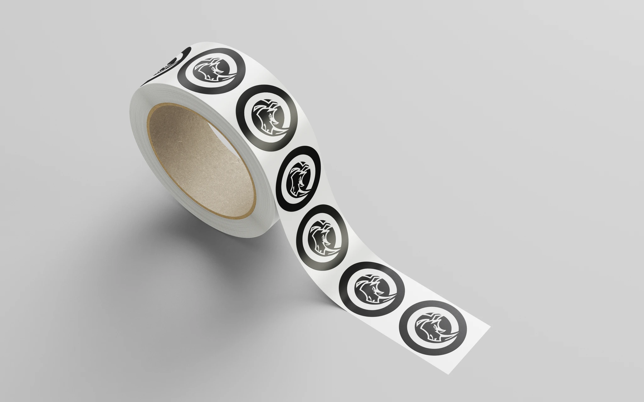 A roll of Rhino stickers — the mark applied at its smallest