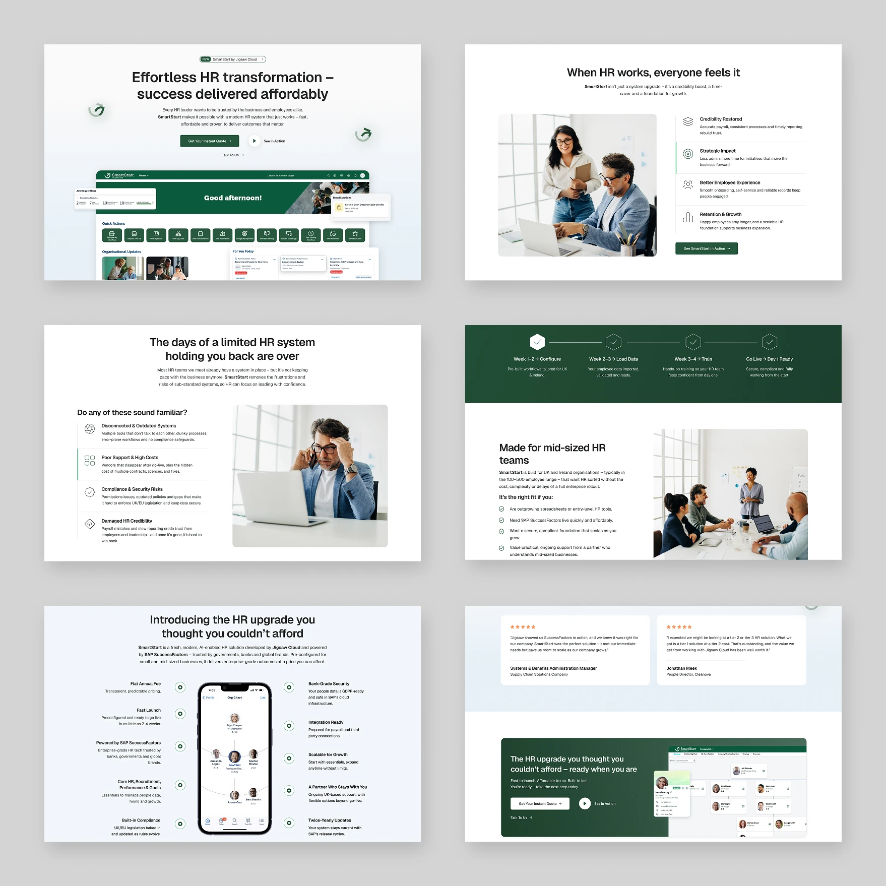 Six sections of the SmartStart landing page on the brand’s deep green