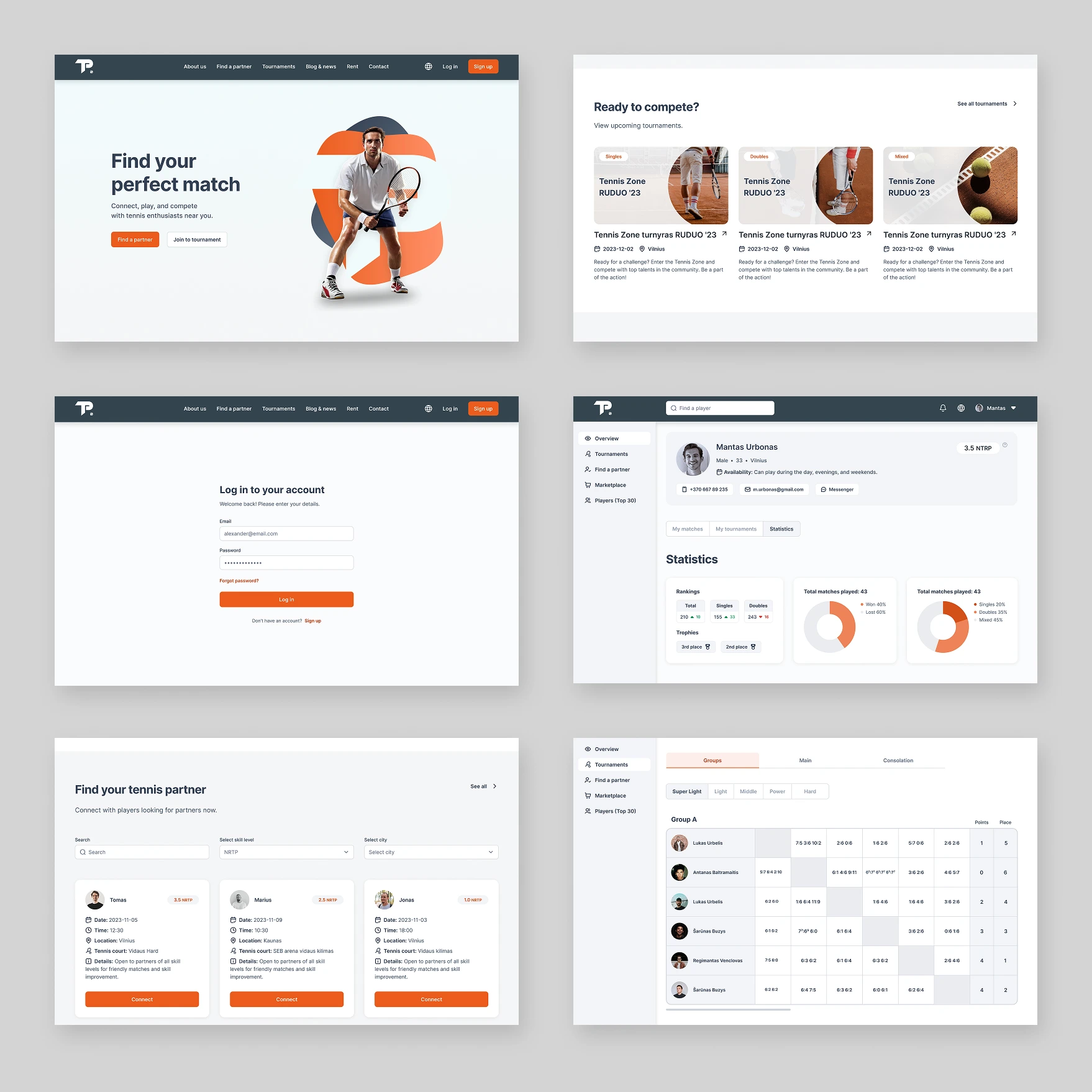 Teniso Partneris — the platform’s screens, from the homepage to player profiles and tournament standings